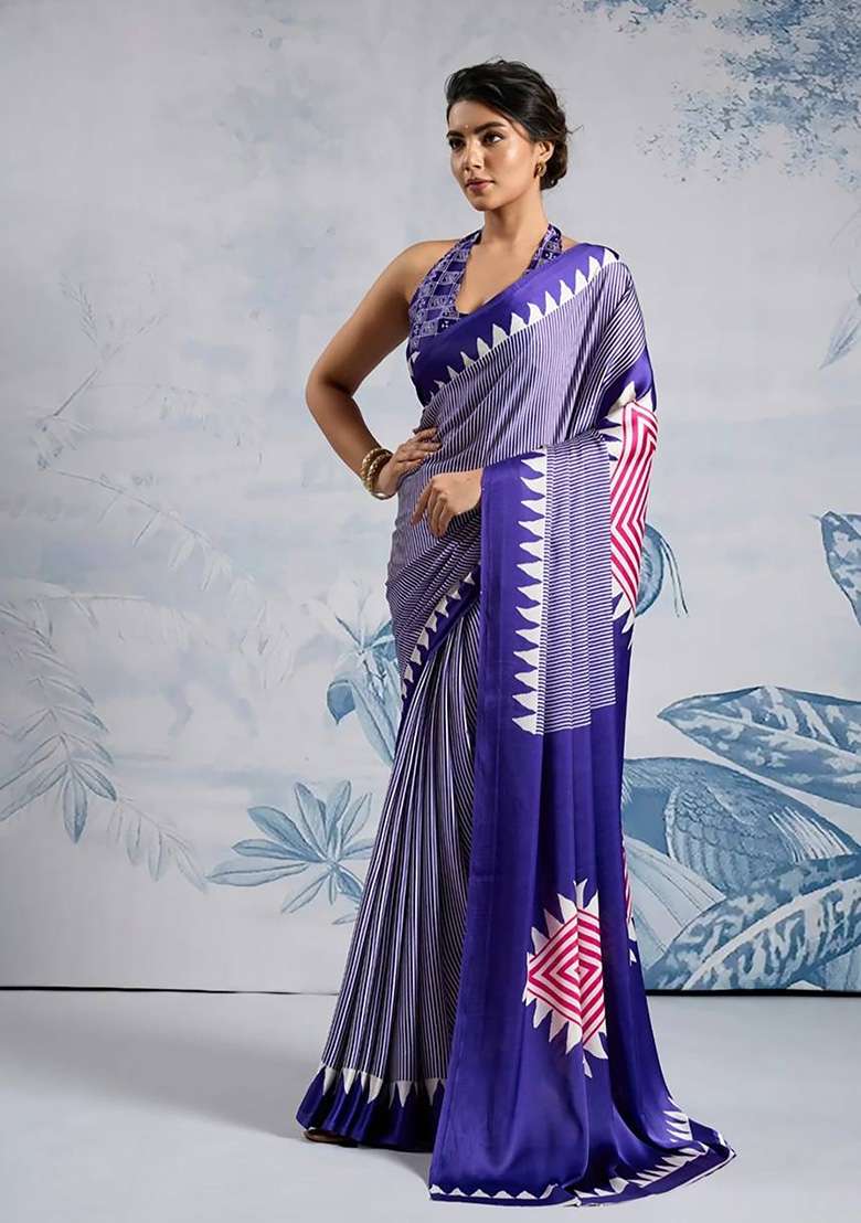 Blue Striped Model Saree Set - Indya