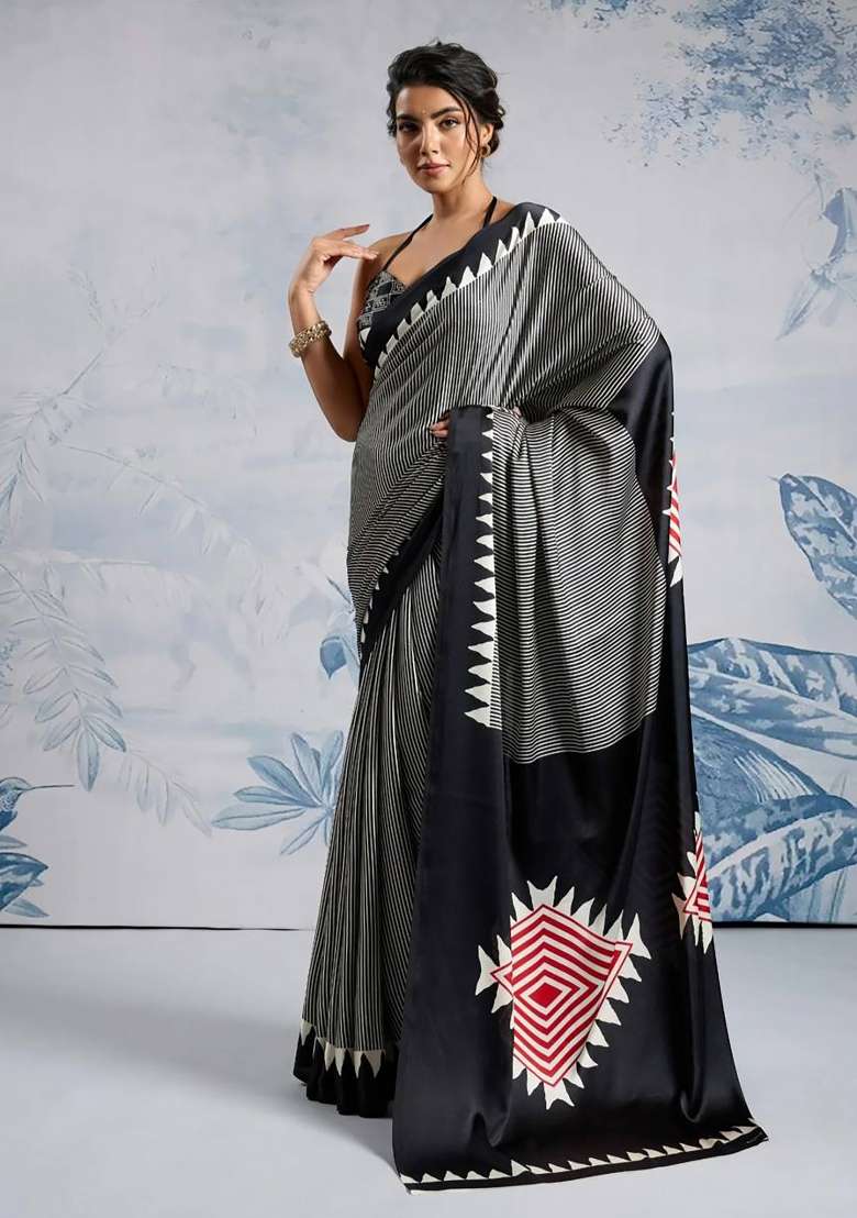 Black Striped Model Saree Set - Indya