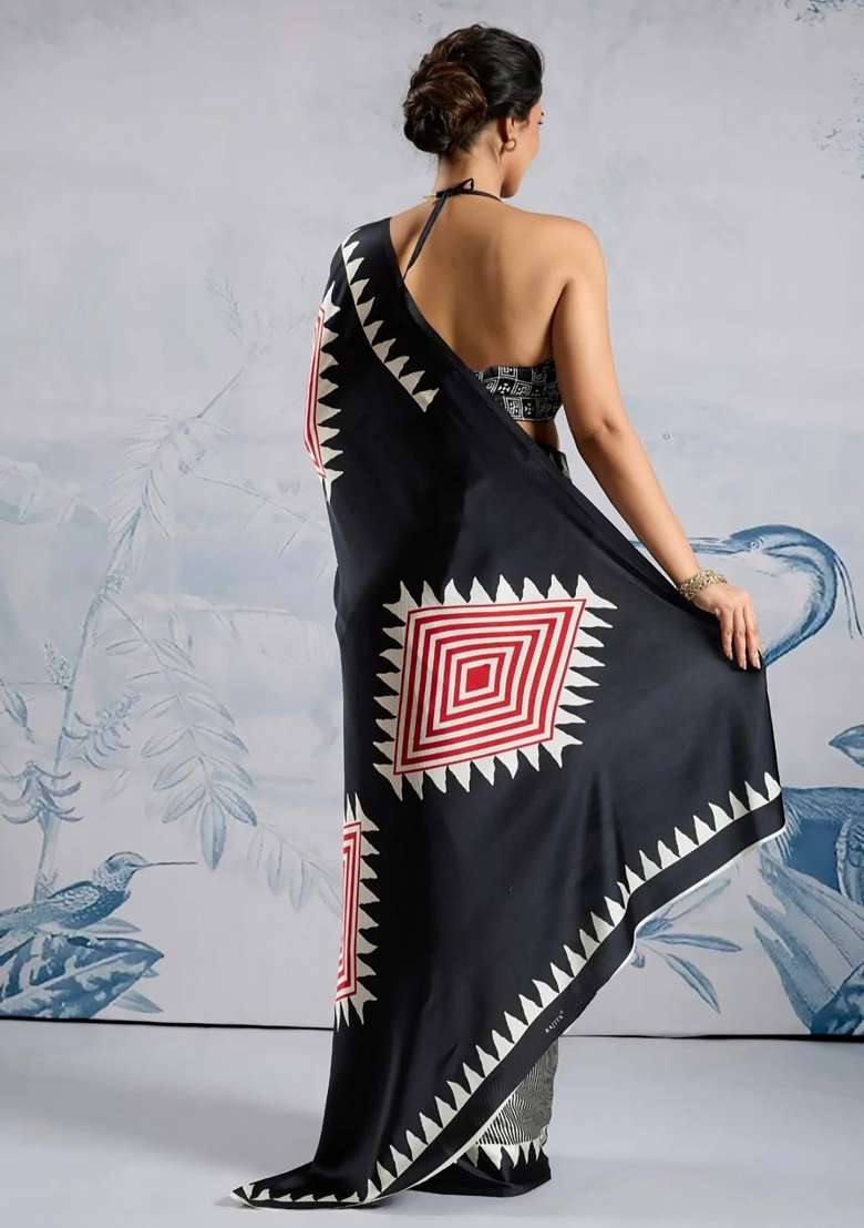 Black Striped Model Saree Set - Indya