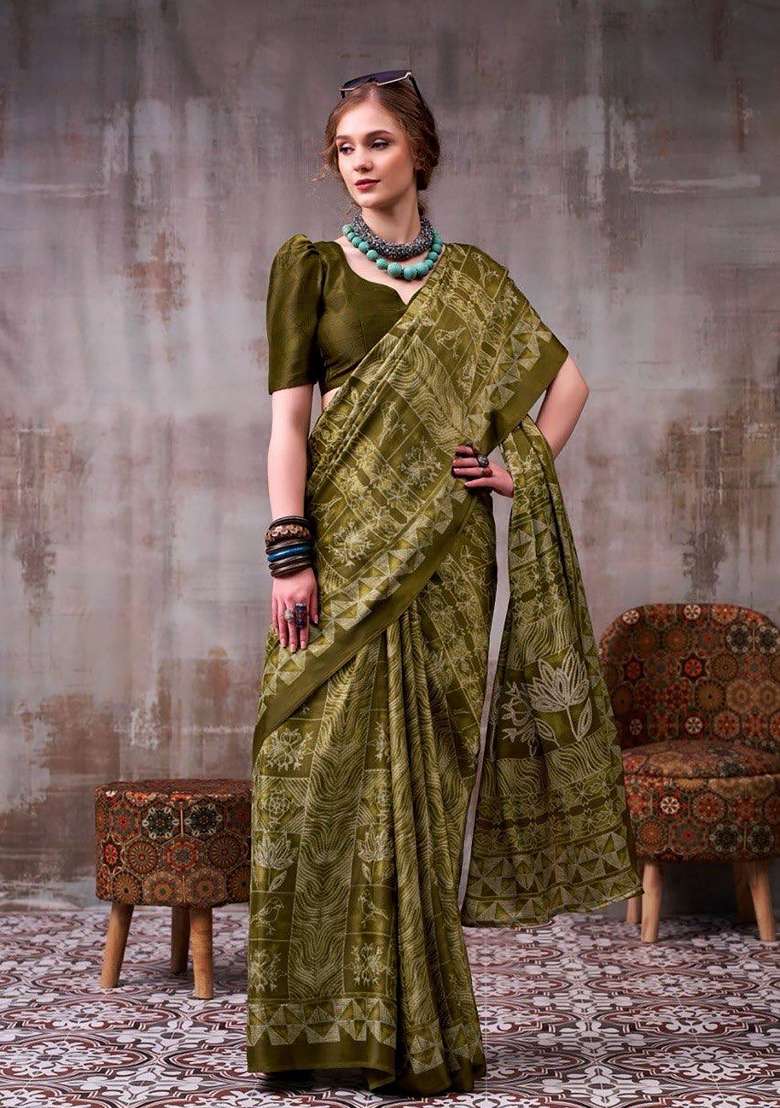 Mehendi Green Floral Print Model Saree Set - Indya