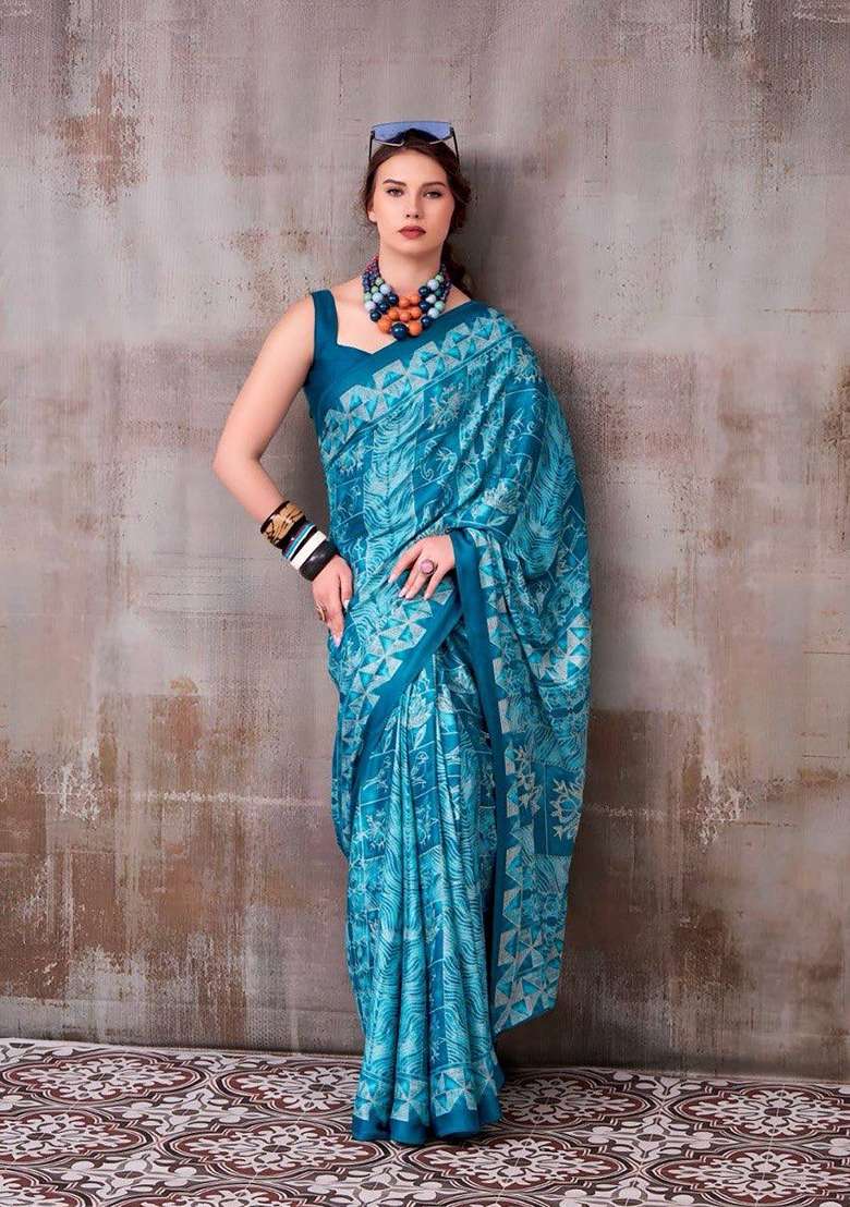 Blue Floral Print Model Saree Set - Indya