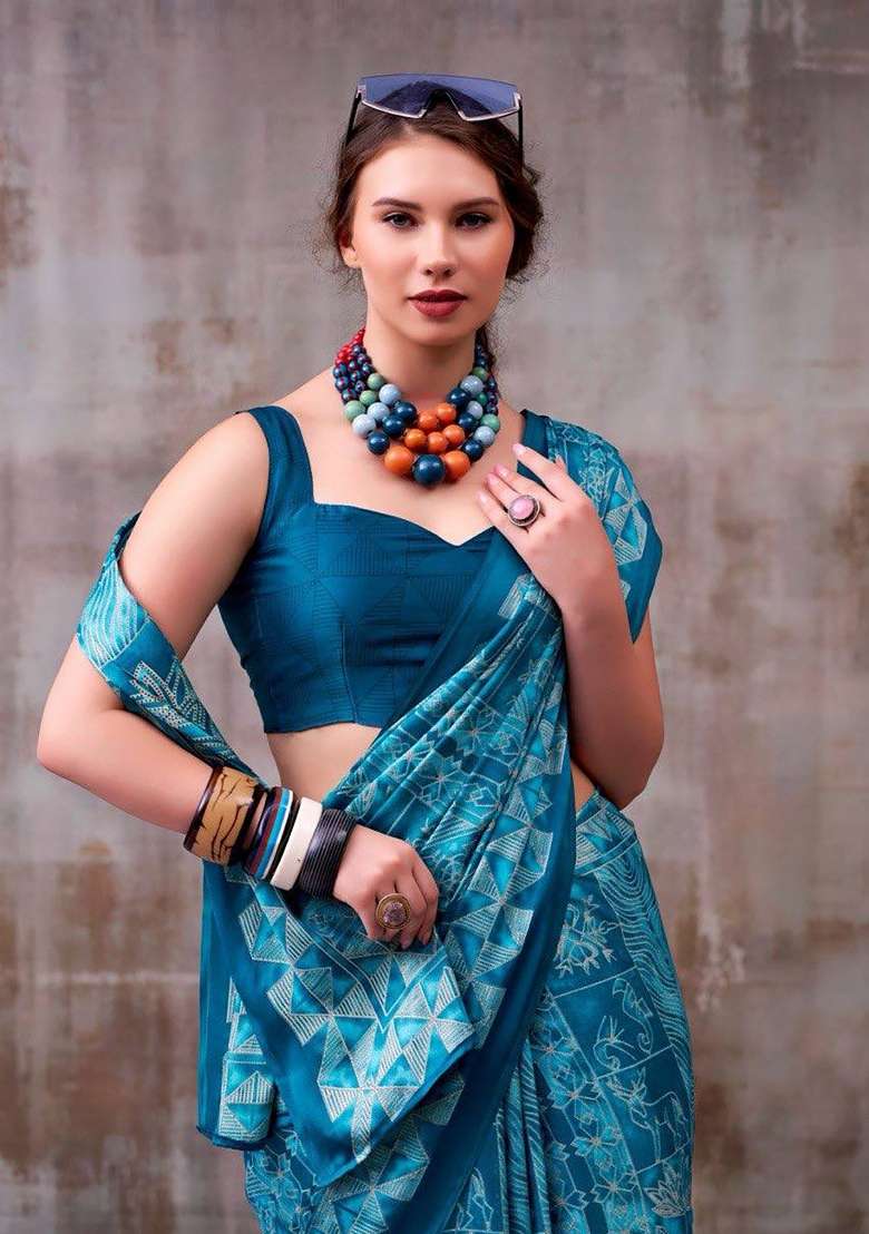Blue Floral Print Model Saree Set - Indya