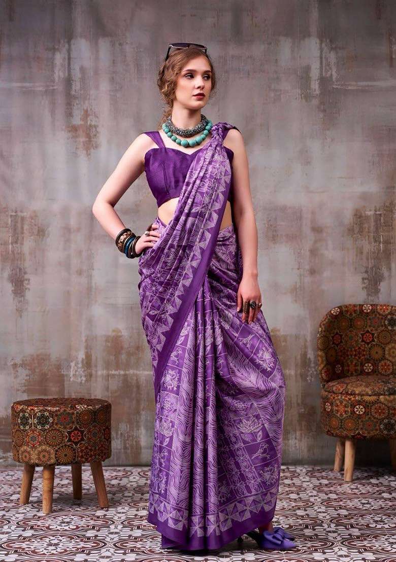 Lavender Floral Print Model Saree Set - Indya
