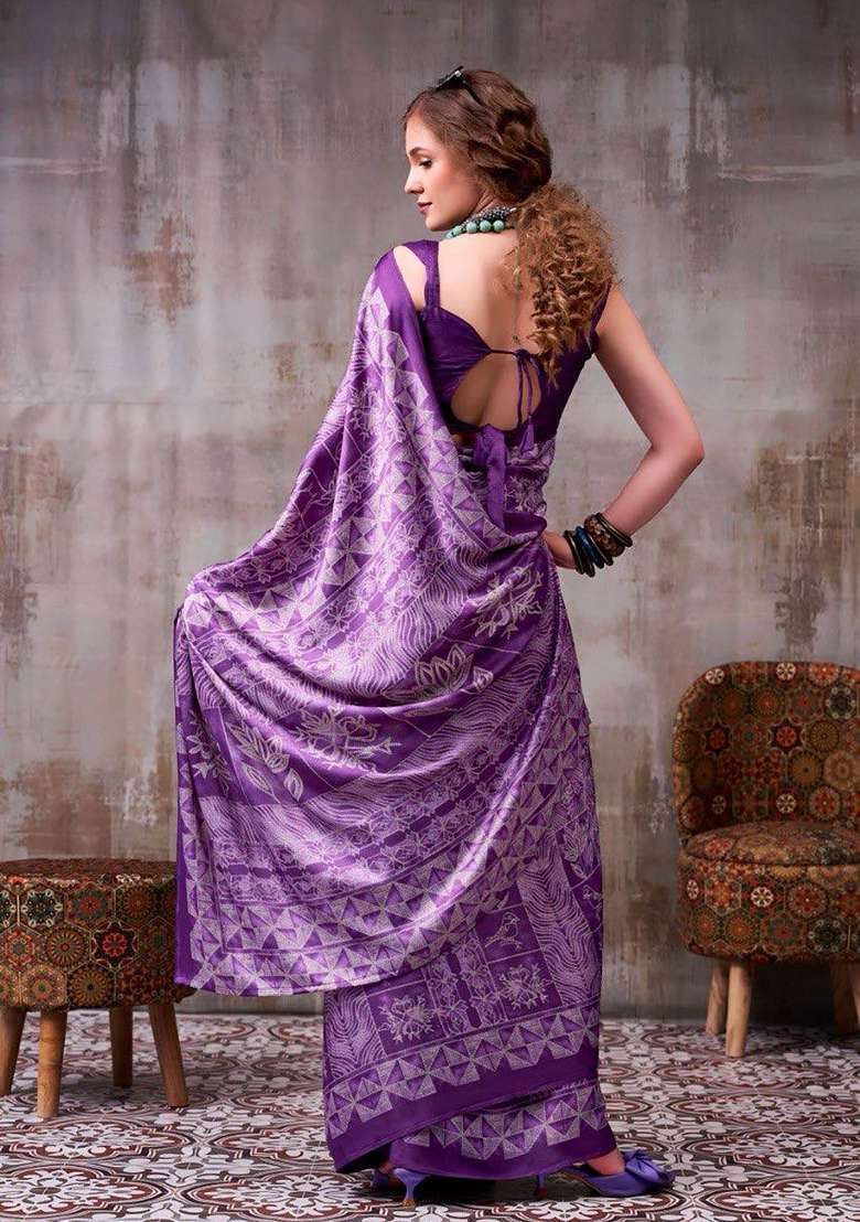 Lavender Floral Print Model Saree Set - Indya