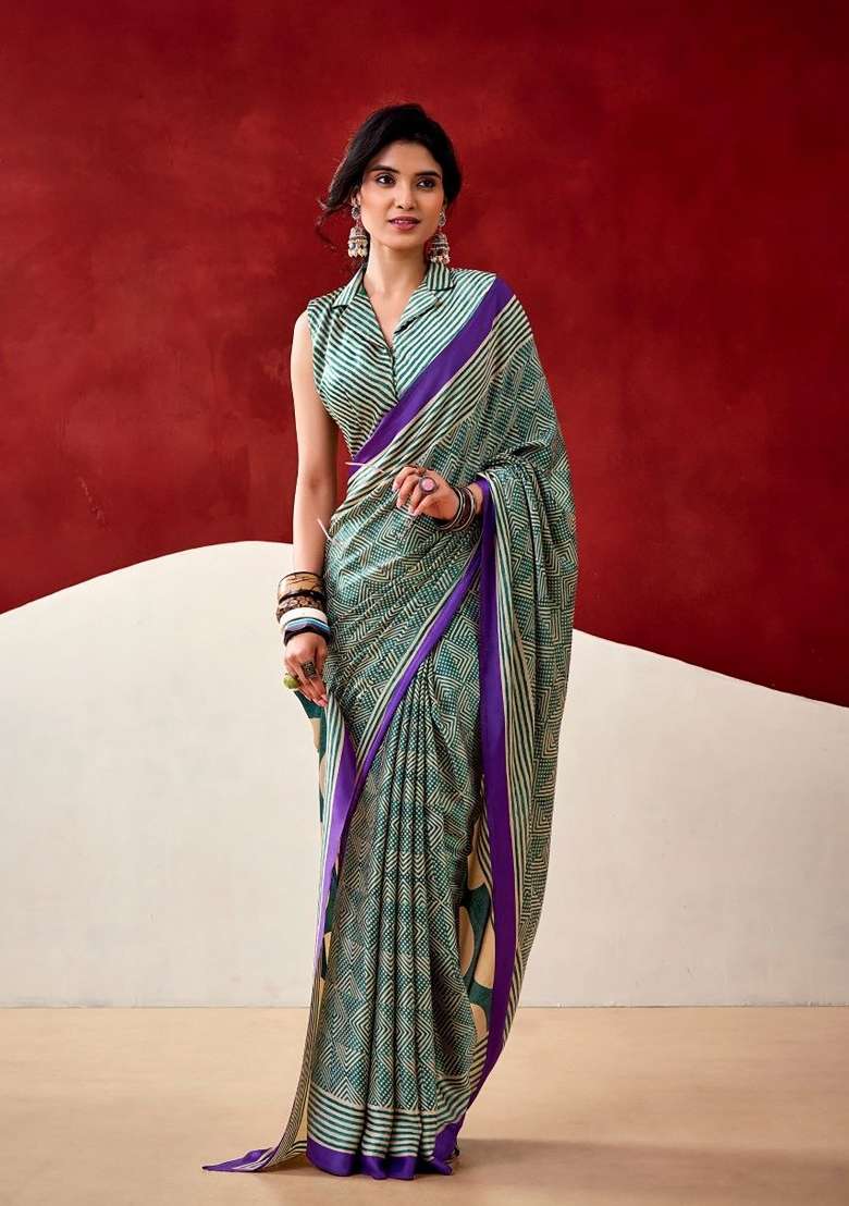 Teal Green Geomatric Model Saree Set - Indya