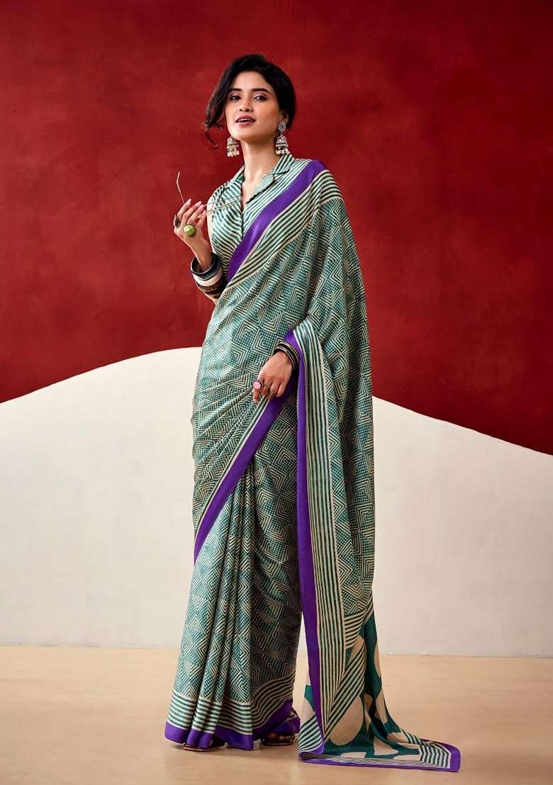 Teal Green Geomatric Model Saree Set - Indya