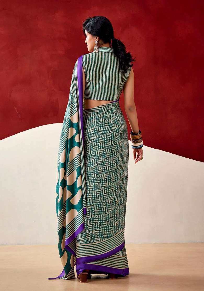 Teal Green Geomatric Model Saree Set - Indya
