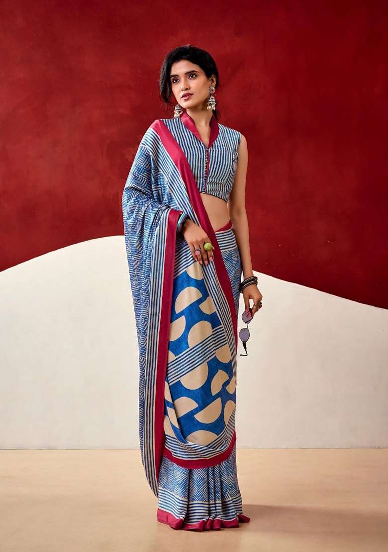 Blue Geomatric Model Saree Set - Indya