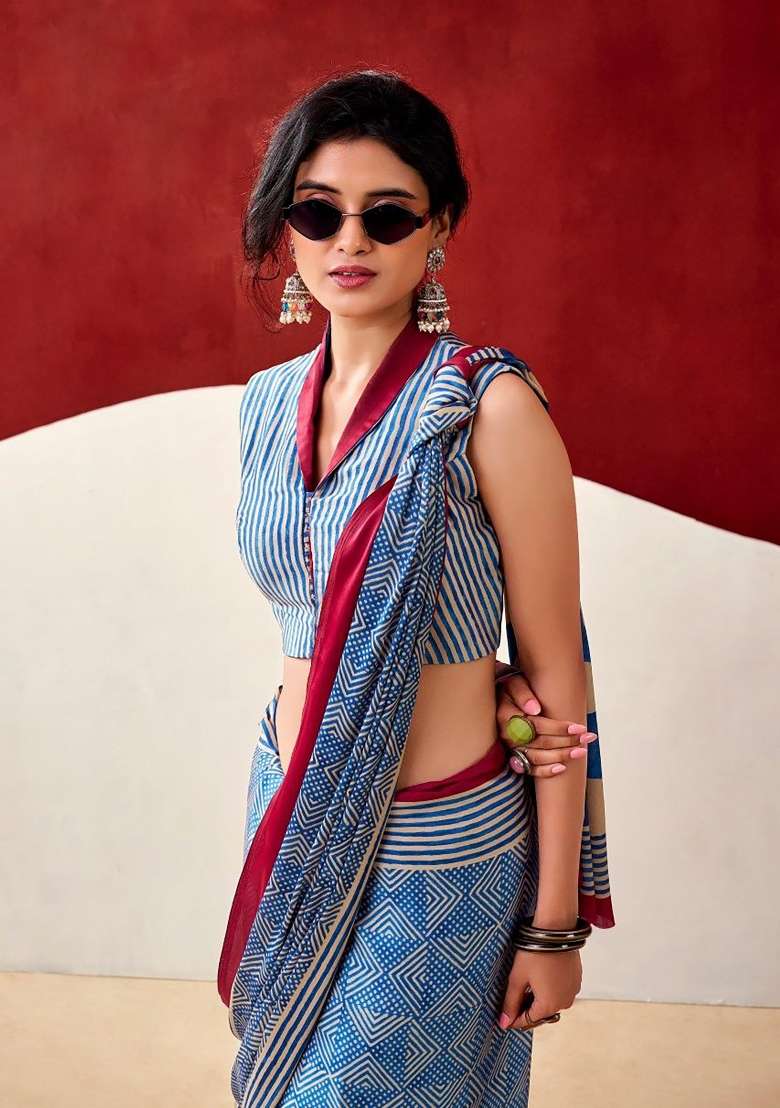 Blue Geomatric Model Saree Set - Indya