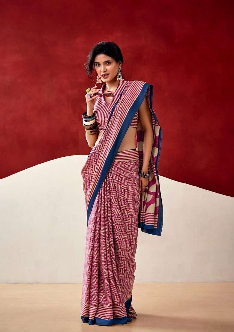 Magenta Zig Zag Model Saree Set - Indya