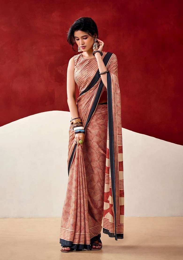 Light Brown Zig Zag Model Saree Set - Indya