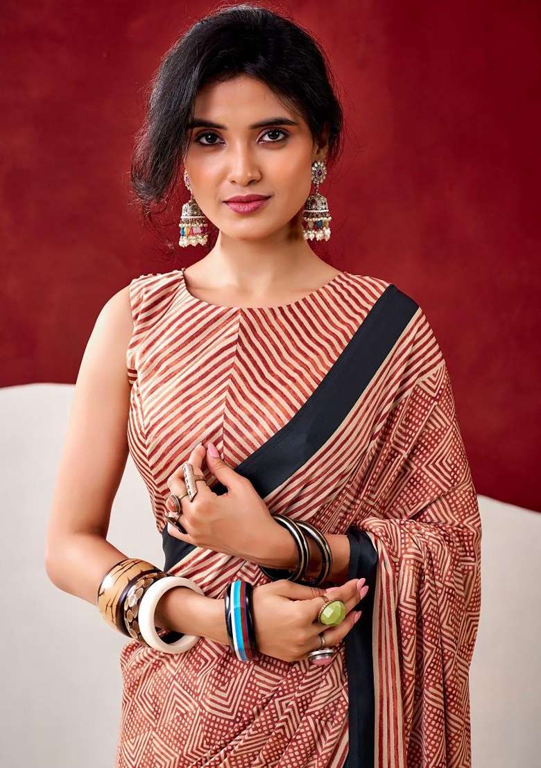 Light Brown Zig Zag Model Saree Set - Indya