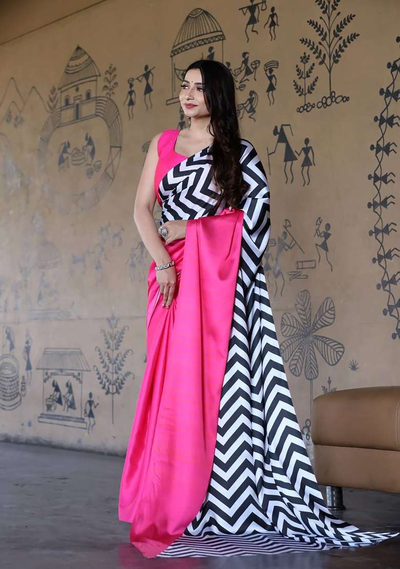 Pink And Black Striped Model Saree Set - Indya
