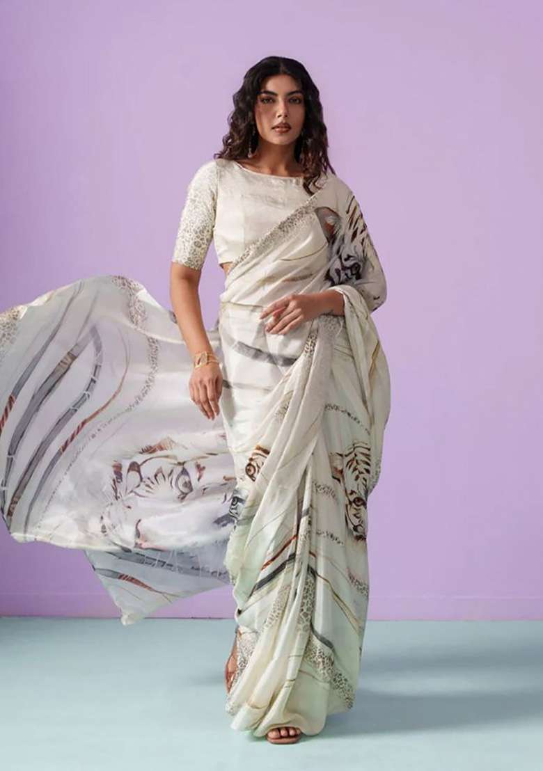 Off White Tiger Model Saree Set - Indya