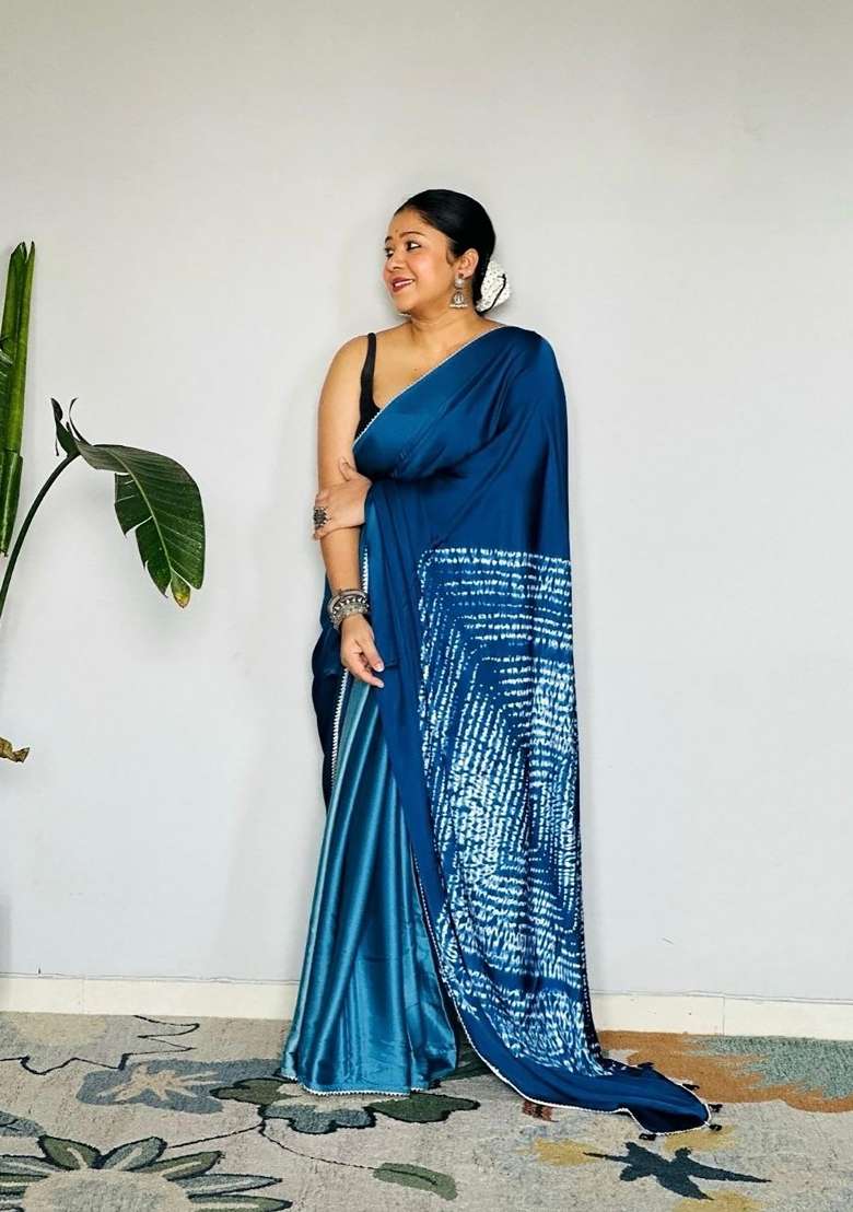 Teal Solid Model Saree Set - Indya