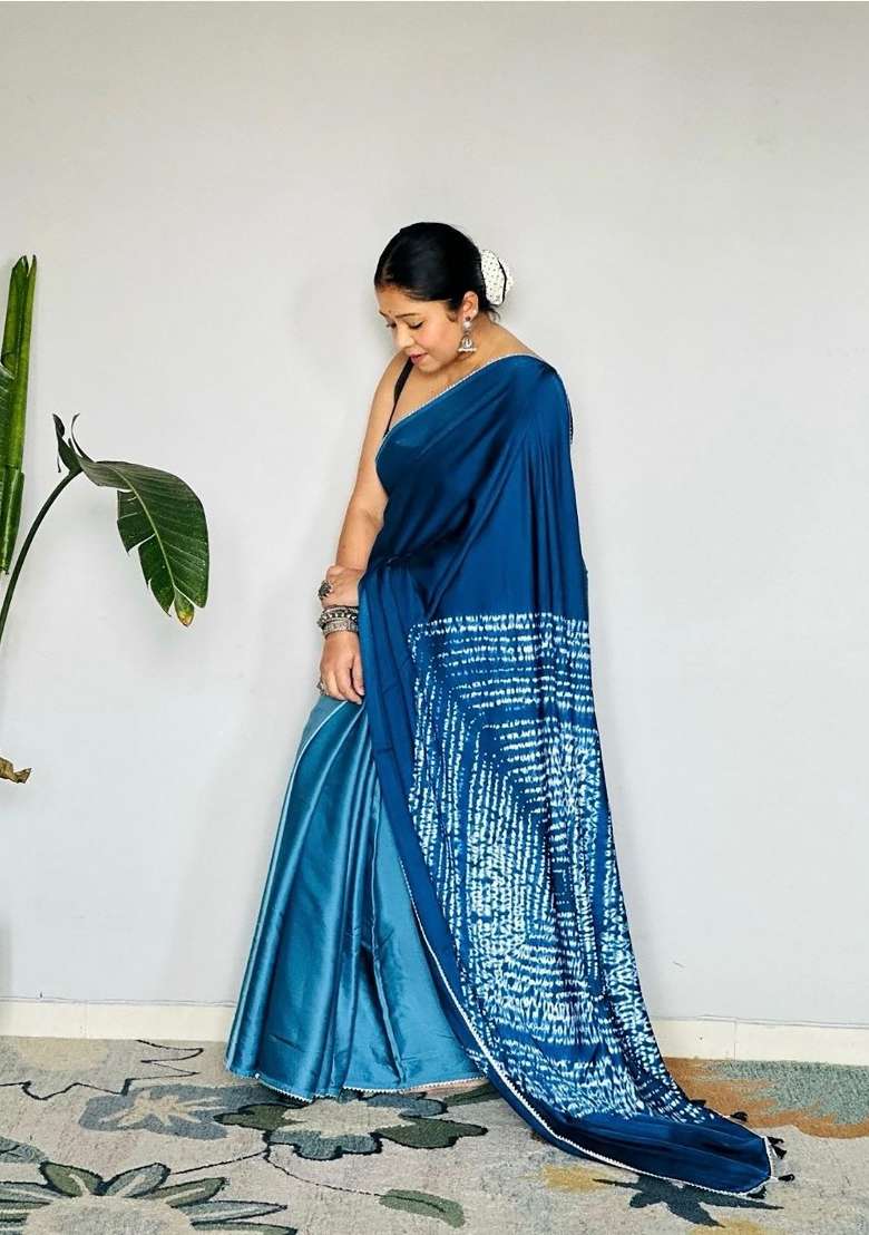 Teal Solid Model Saree Set - Indya