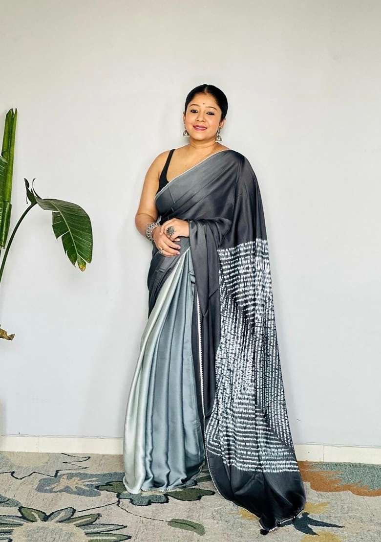 Black Solid Model Saree Set - Indya