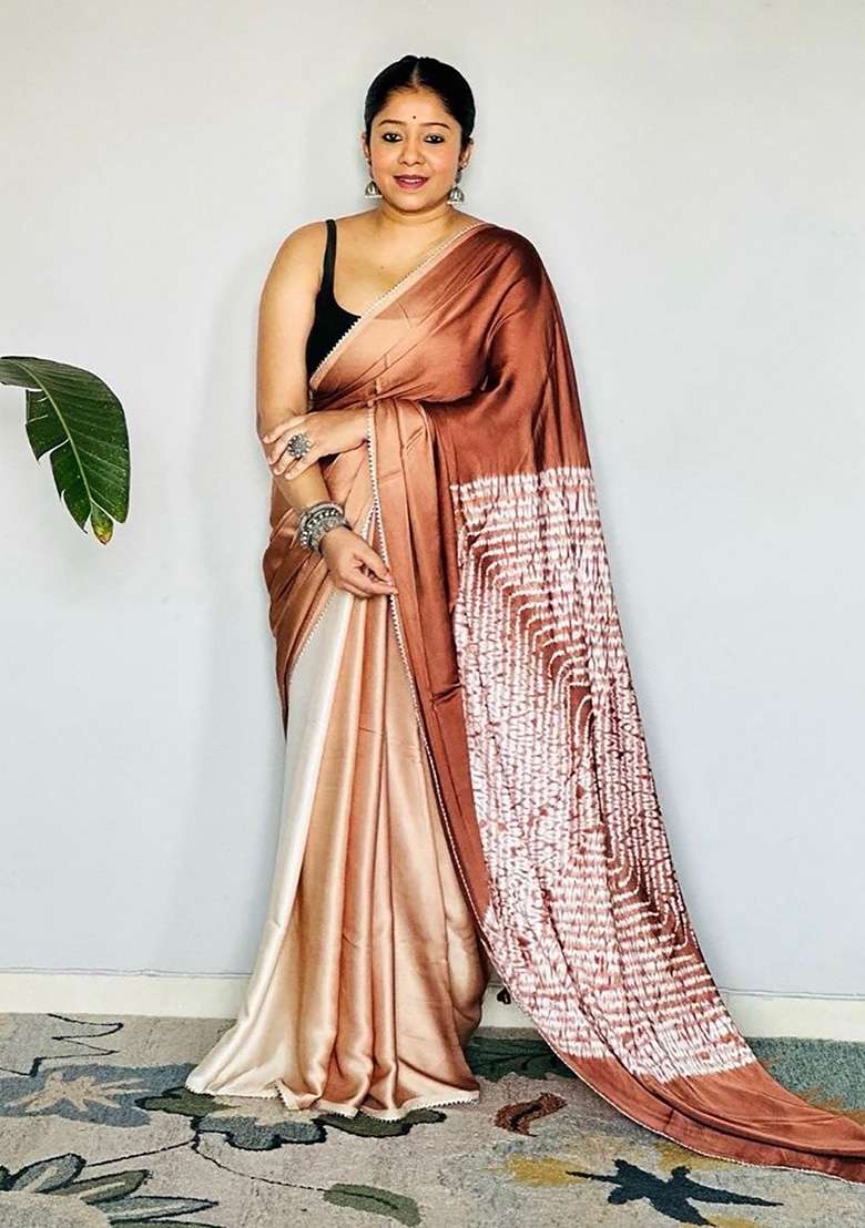 Brown Floral Print Model Saree Set - Indya
