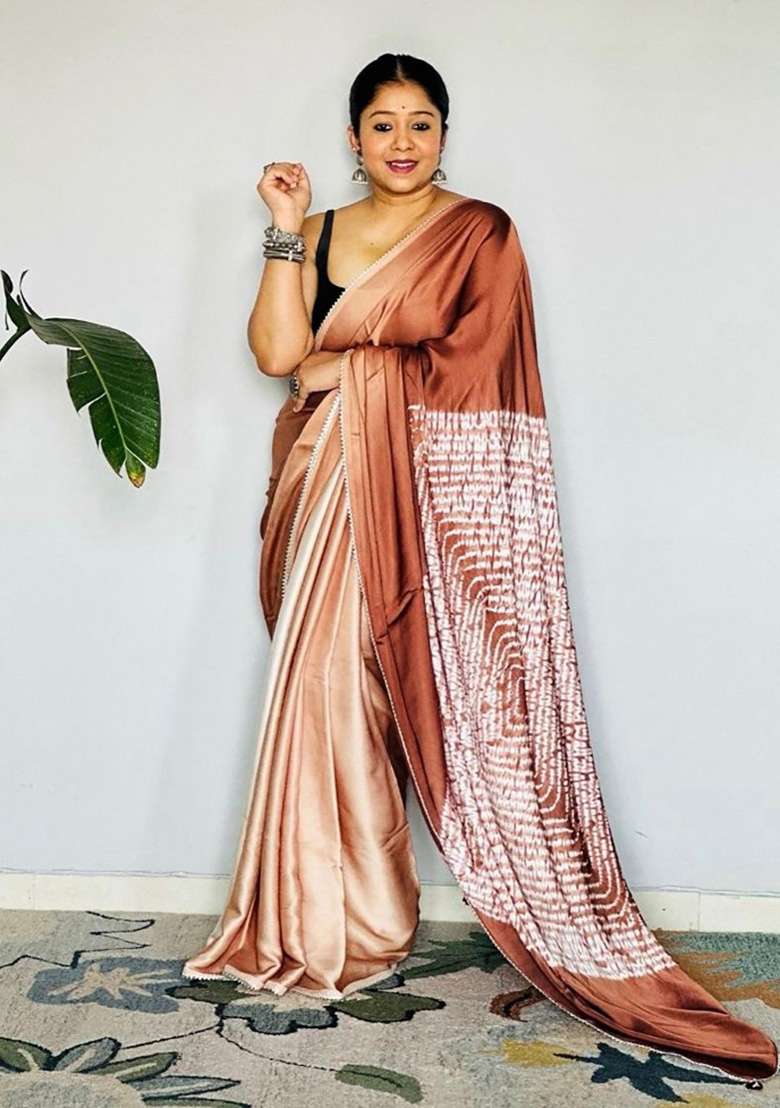 Brown Floral Print Model Saree Set - Indya