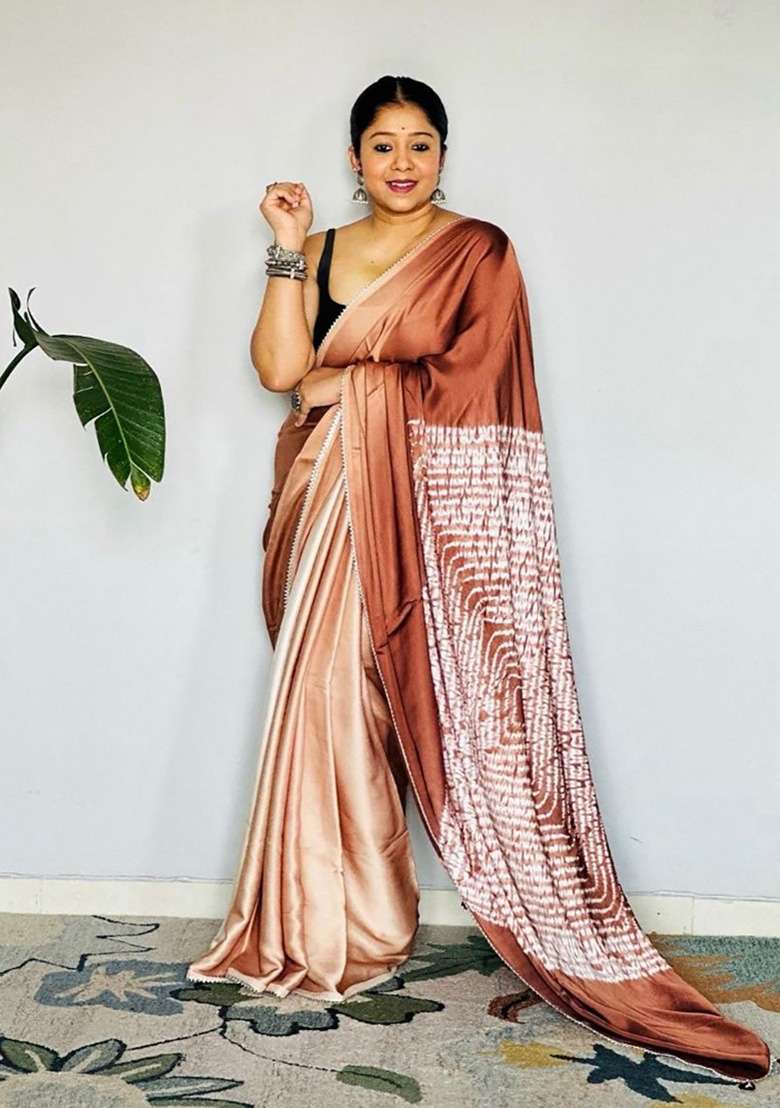Brown Floral Print Model Saree Set - Indya