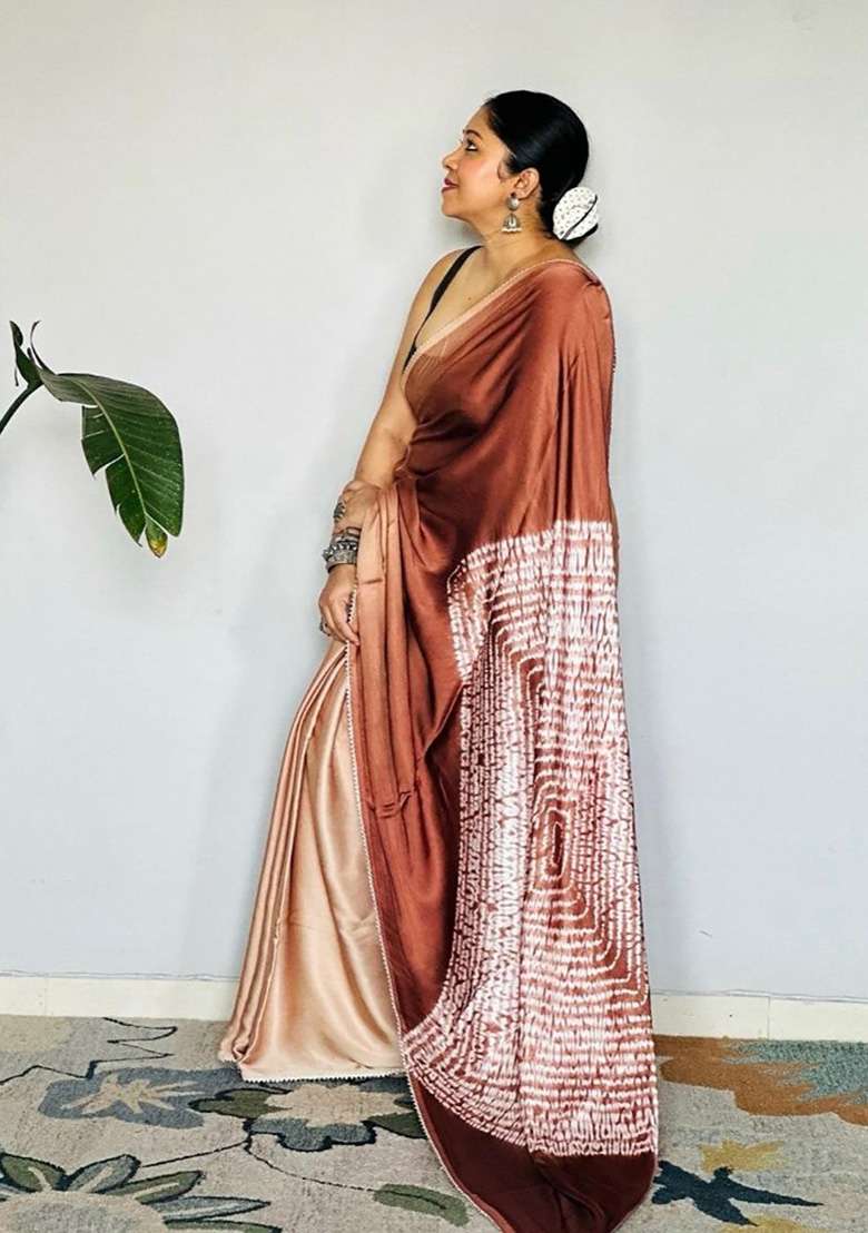 Brown Floral Print Model Saree Set - Indya