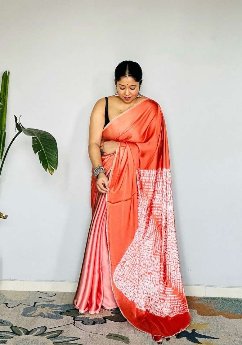 Orange Floral Print Model Saree Set - Indya