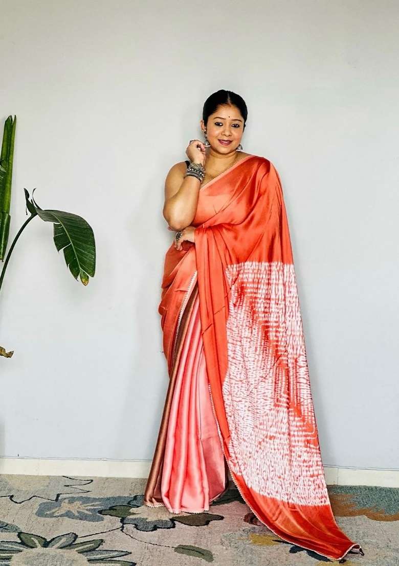 Orange Floral Print Model Saree Set - Indya
