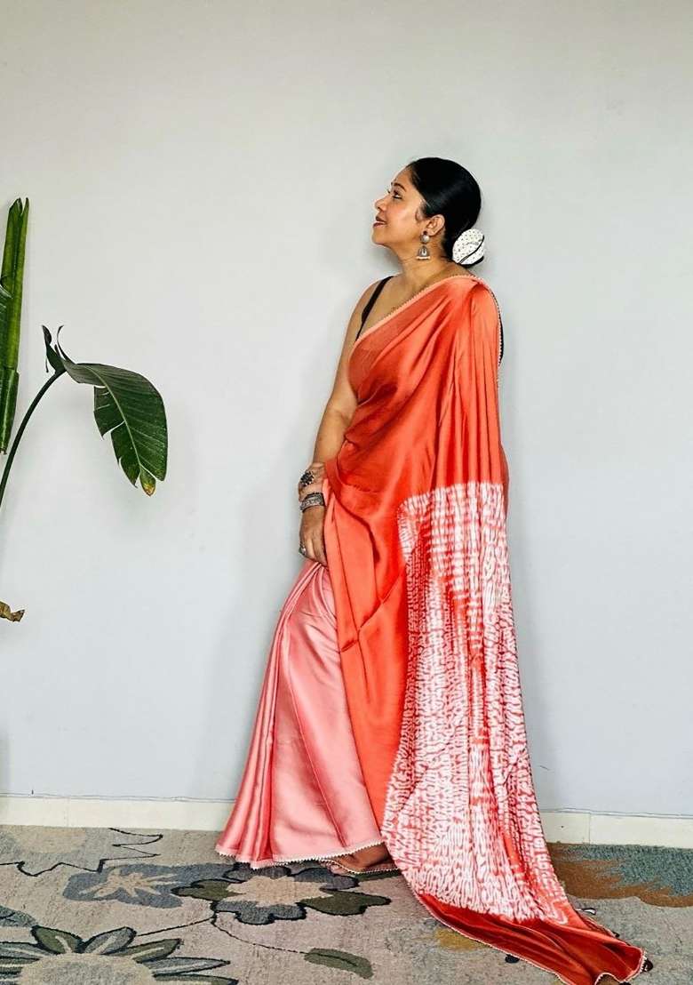 Orange Floral Print Model Saree Set - Indya