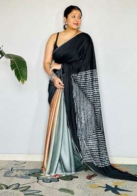 Black Floral Print Model Saree Set