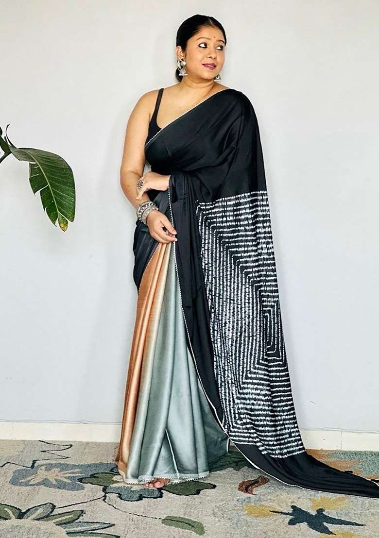 Black Floral Print Model Saree Set - Indya