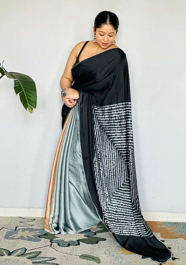 Black Floral Print Model Saree Set - Indya