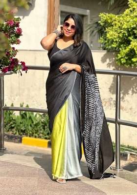 Black Floral Print Model Saree Set