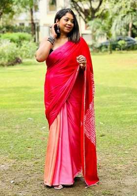 Peach Block Print Model Saree Set