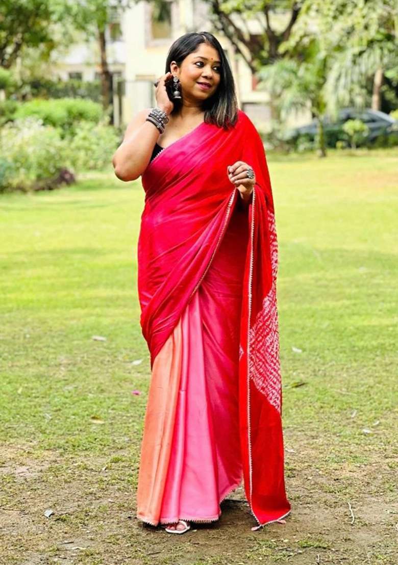 Peach Block Print Model Saree Set - Indya