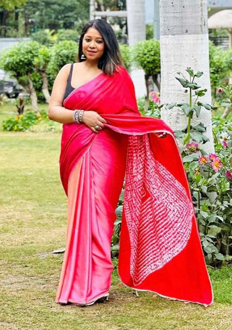 Peach Block Print Model Saree Set - Indya