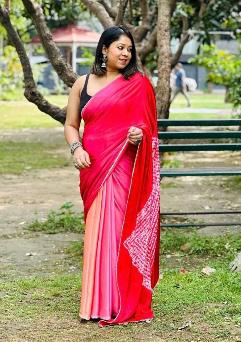Peach Block Print Model Saree Set - Indya