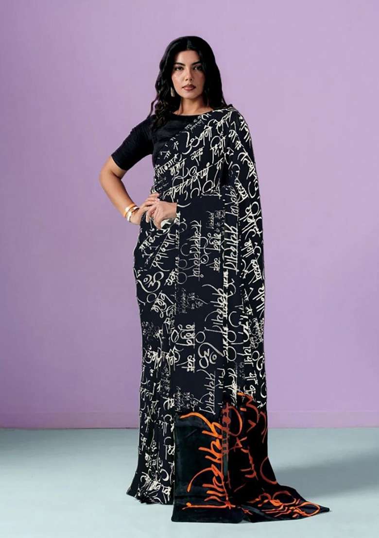 Black Sanskrit Calligraphy Model Saree Set - Indya
