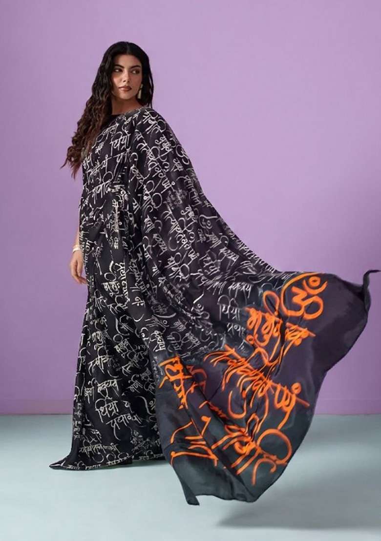 Black Sanskrit Calligraphy Model Saree Set - Indya