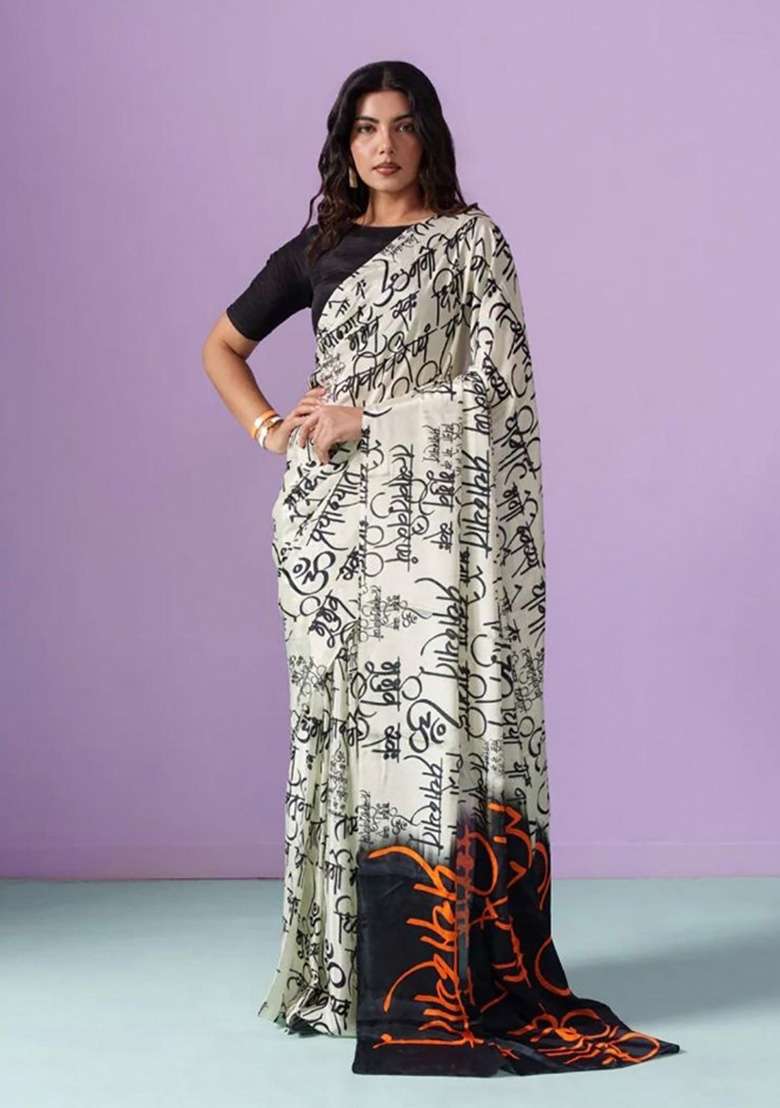 White Sanskrit Calligraphy Model Saree Set - Indya