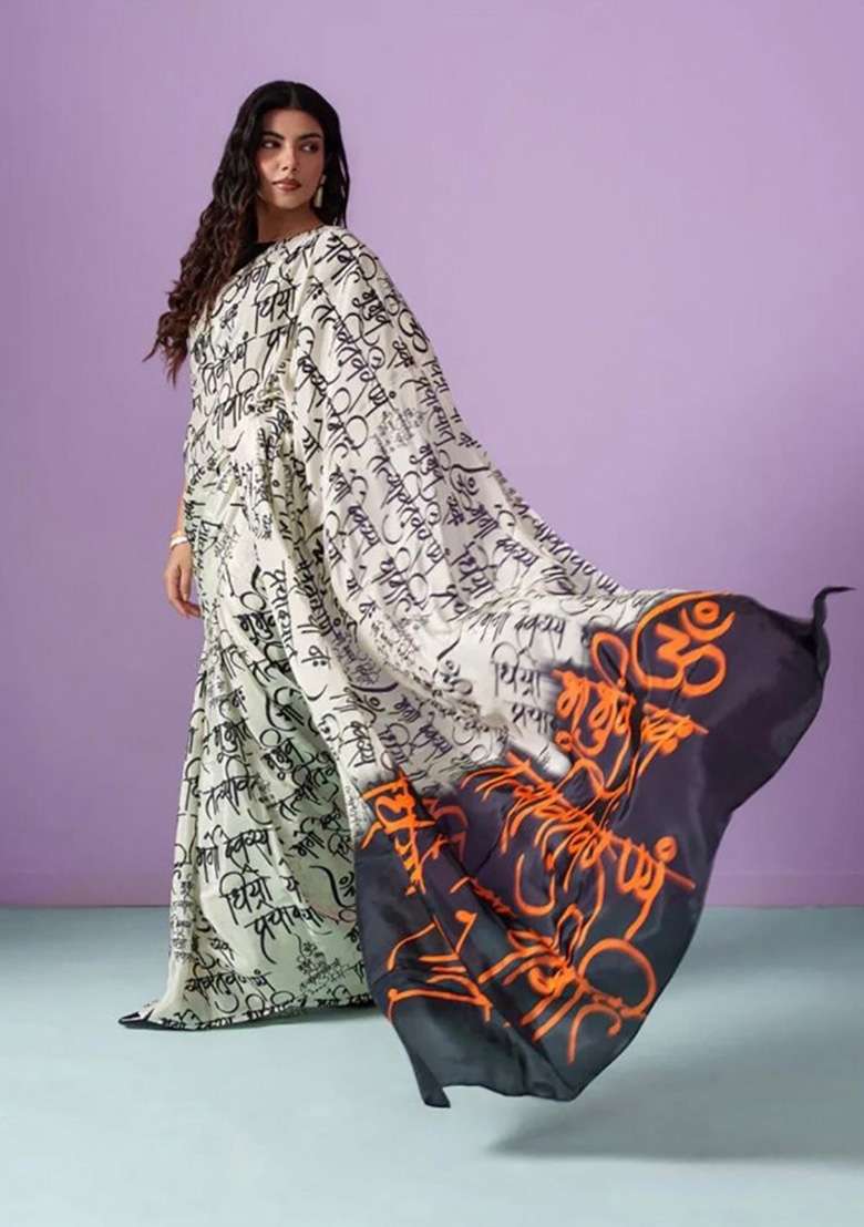 White Sanskrit Calligraphy Model Saree Set - Indya
