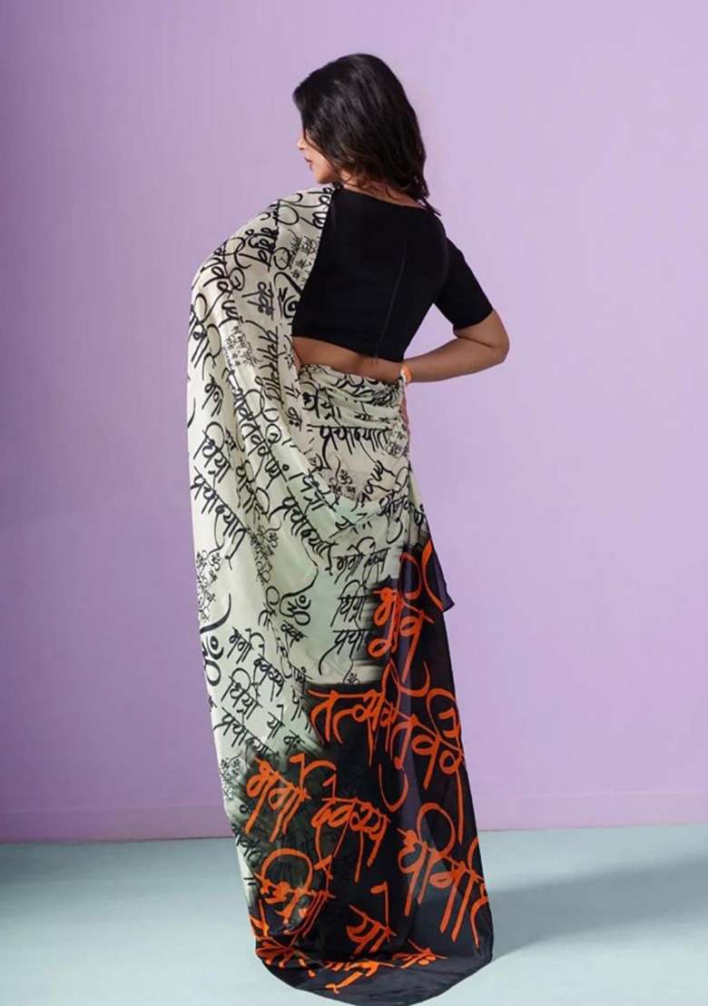 White Sanskrit Calligraphy Model Saree Set - Indya