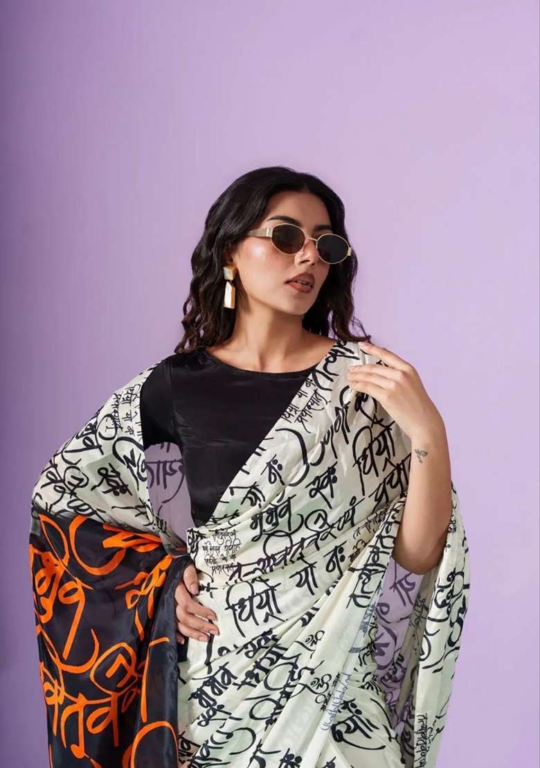 White Sanskrit Calligraphy Model Saree Set - Indya
