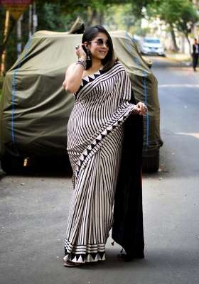 White Striped Model Saree Set