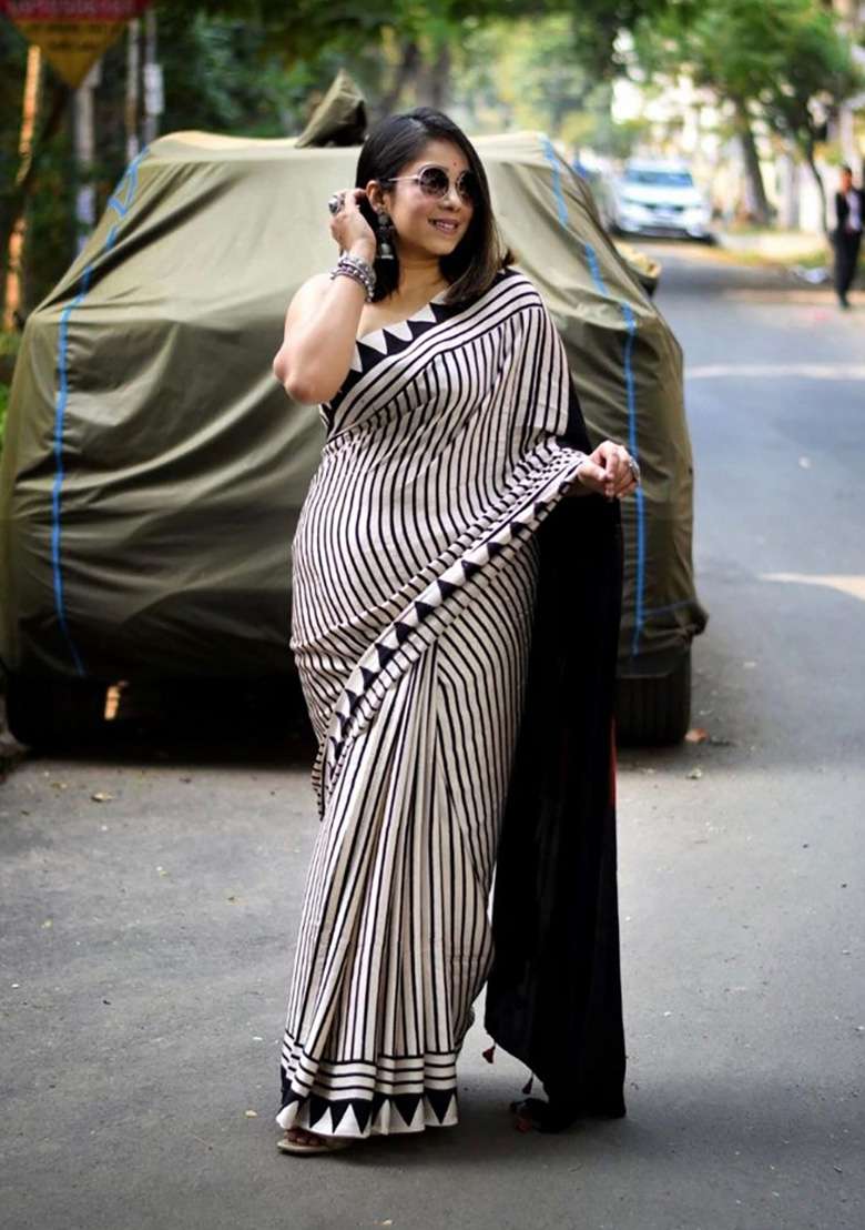 White Striped Model Saree Set - Indya
