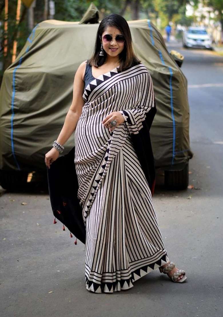 White Striped Model Saree Set - Indya