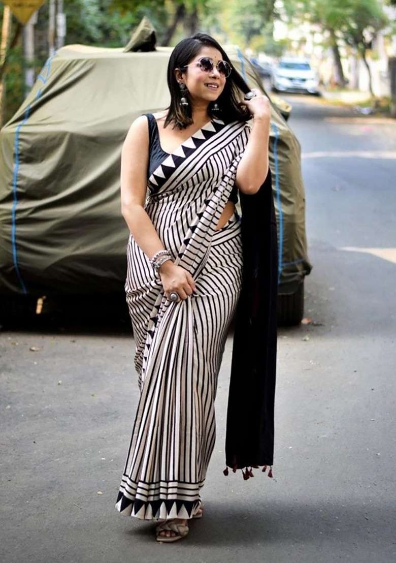 White Striped Model Saree Set - Indya