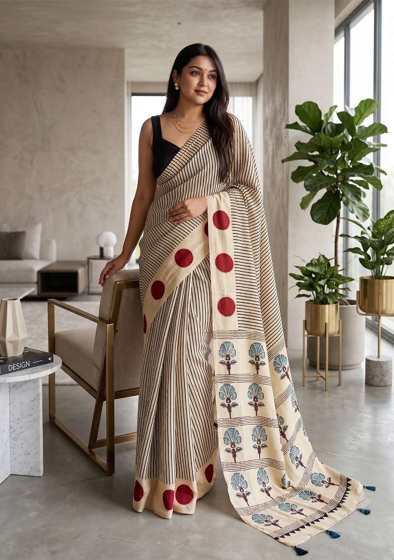 Cream Striped Model Saree Set - Indya