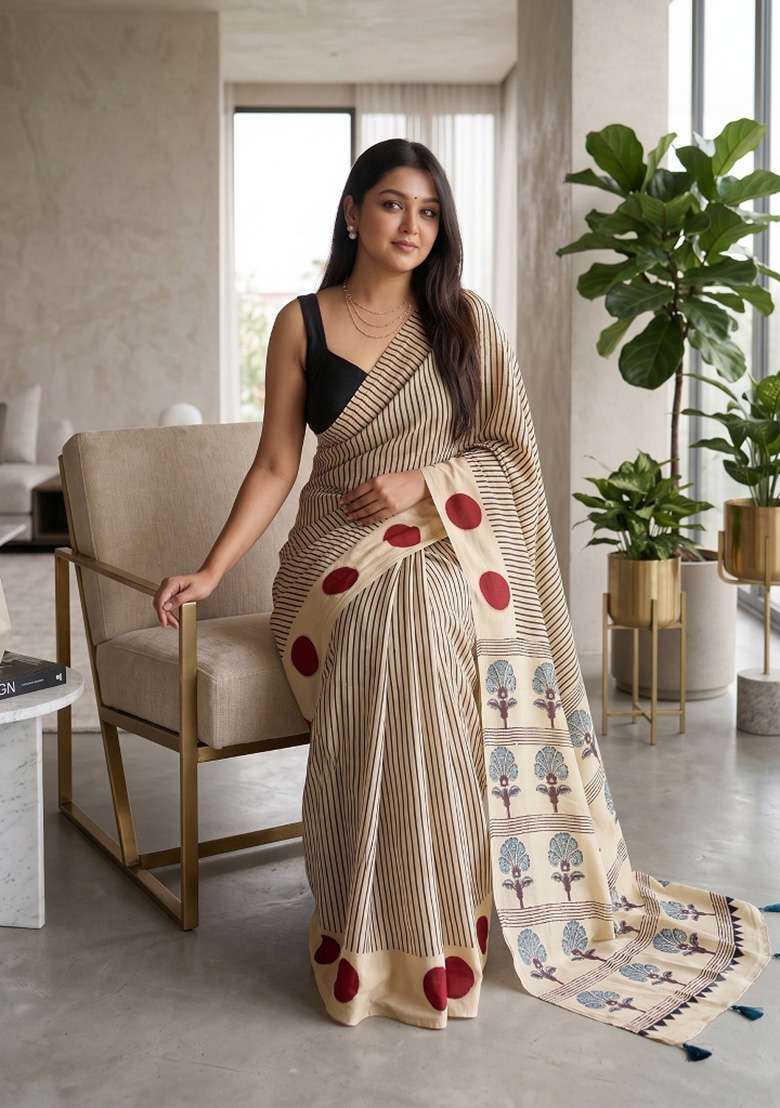 Cream Striped Model Saree Set - Indya