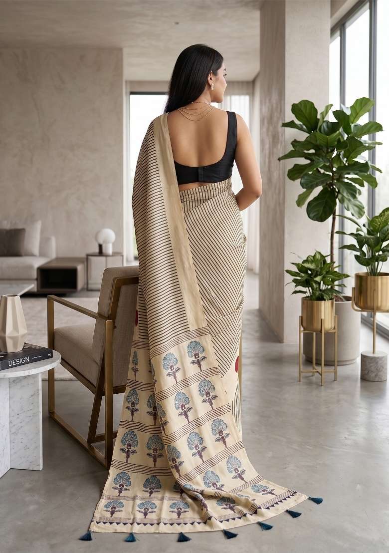 Cream Striped Model Saree Set - Indya