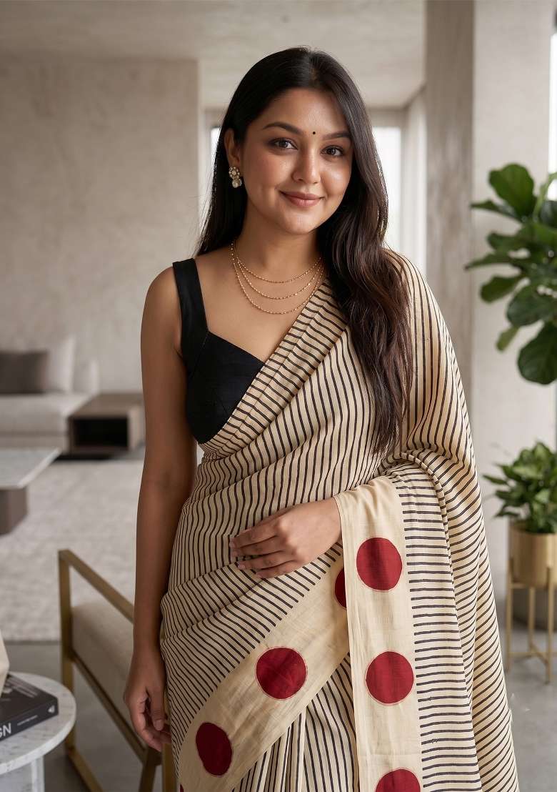 Cream Striped Model Saree Set - Indya
